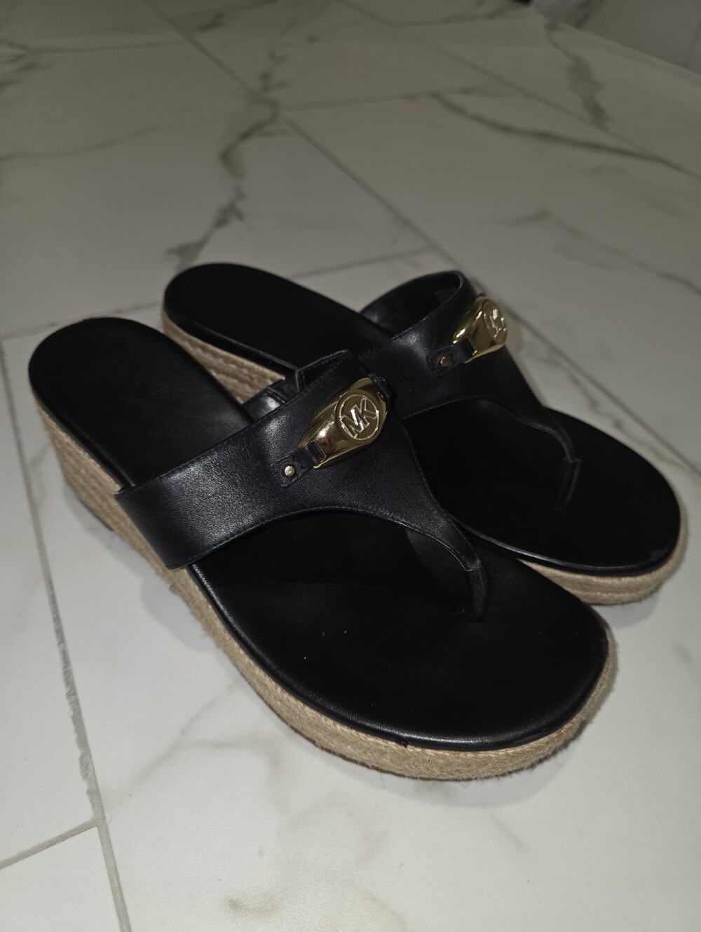 Michael Kors Black Leather Wedge Thong Sandals with Gold MK Accent